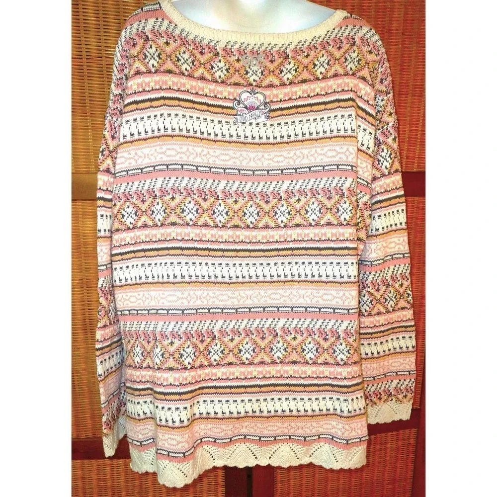 ODD MOLLY PINK FAIR ISLE CREW NECK COTTON KNIT SWEATER SIZE 3 LARGE - Picture 11 of 11